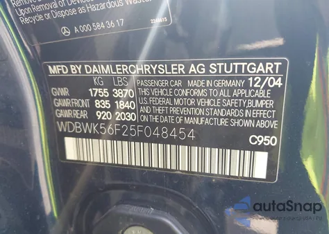 2005 Mercedes-Benz Slk 350 from USA, damaged, VIN WDBWK56F25F048454